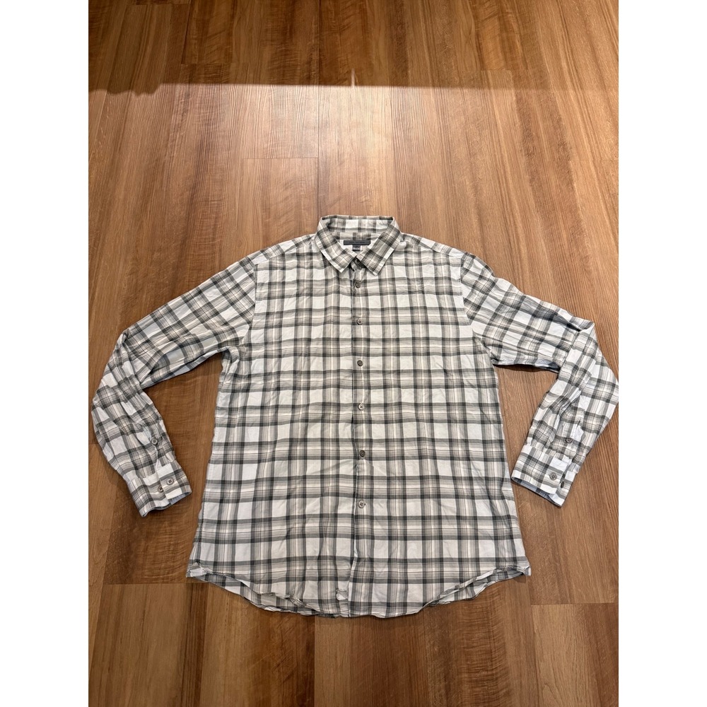John Varvatos Button Down Shirt Mens XL Grey White Plaid Long Sleeve Cotton